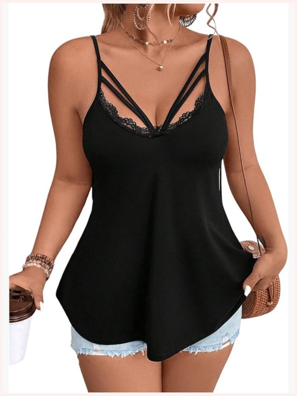 Plus Size Lace Cut Out Cami Top Spaghetti Strap Summer Tank Top